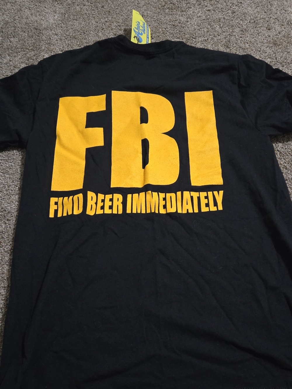 Gildan Black Tee with Bold Yellow "FBI Find Beer Immediately" Graphic